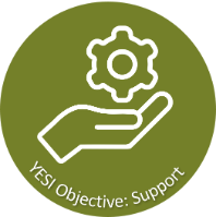 YESI Objective Support wording with icon of hand holding a cog